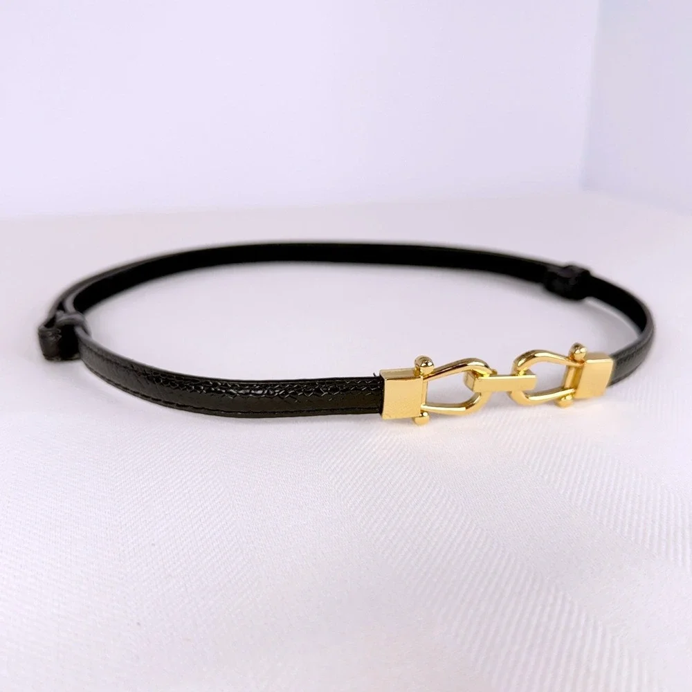 Luxe Black Skinny Leather Belt Horse bit Gold Hardware Lizard Embossed Snakeskin